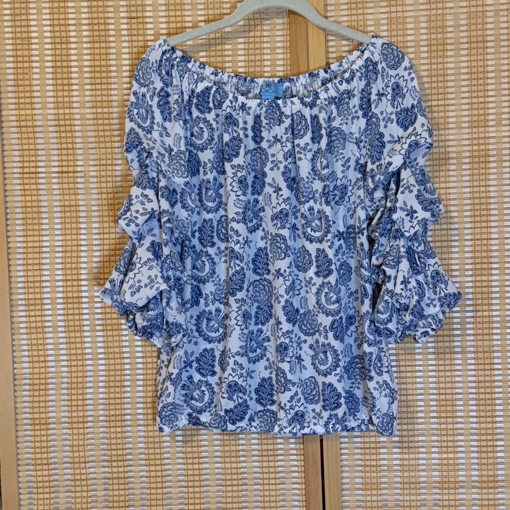 CeCe Women Blue White Floral Paisley Off Shoulder Ruffle Sleeve Blouse Size M